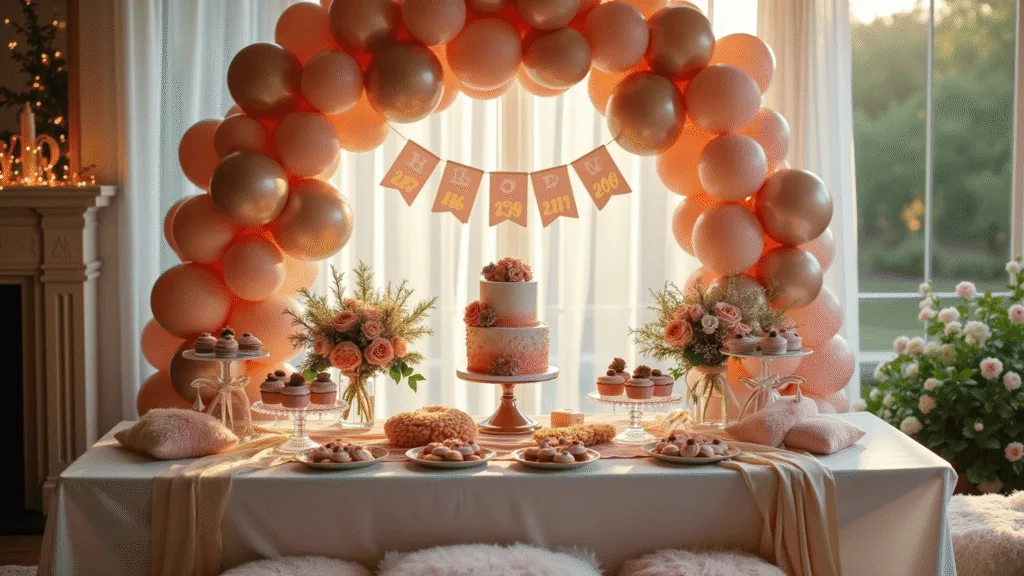 A luxurious garden party setup for a first birthday celebration with a rose gold balloon arch, a Victorian-style dessert table featuring a blush ombré cake, macarons, and pink champagne truffles, surrounded by floral arrangements and a photo banner, all bathed in warm golden hour lighting.