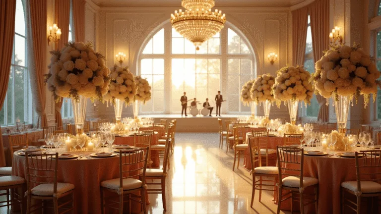 A lavish ballroom wedding reception at golden hour, featuring crystal chandeliers, blush pink silk-draped tables with floral centerpieces, gold Chiavari chairs, and a polished marble dance floor reflecting warm sunset light, all captured in a photorealistic style.