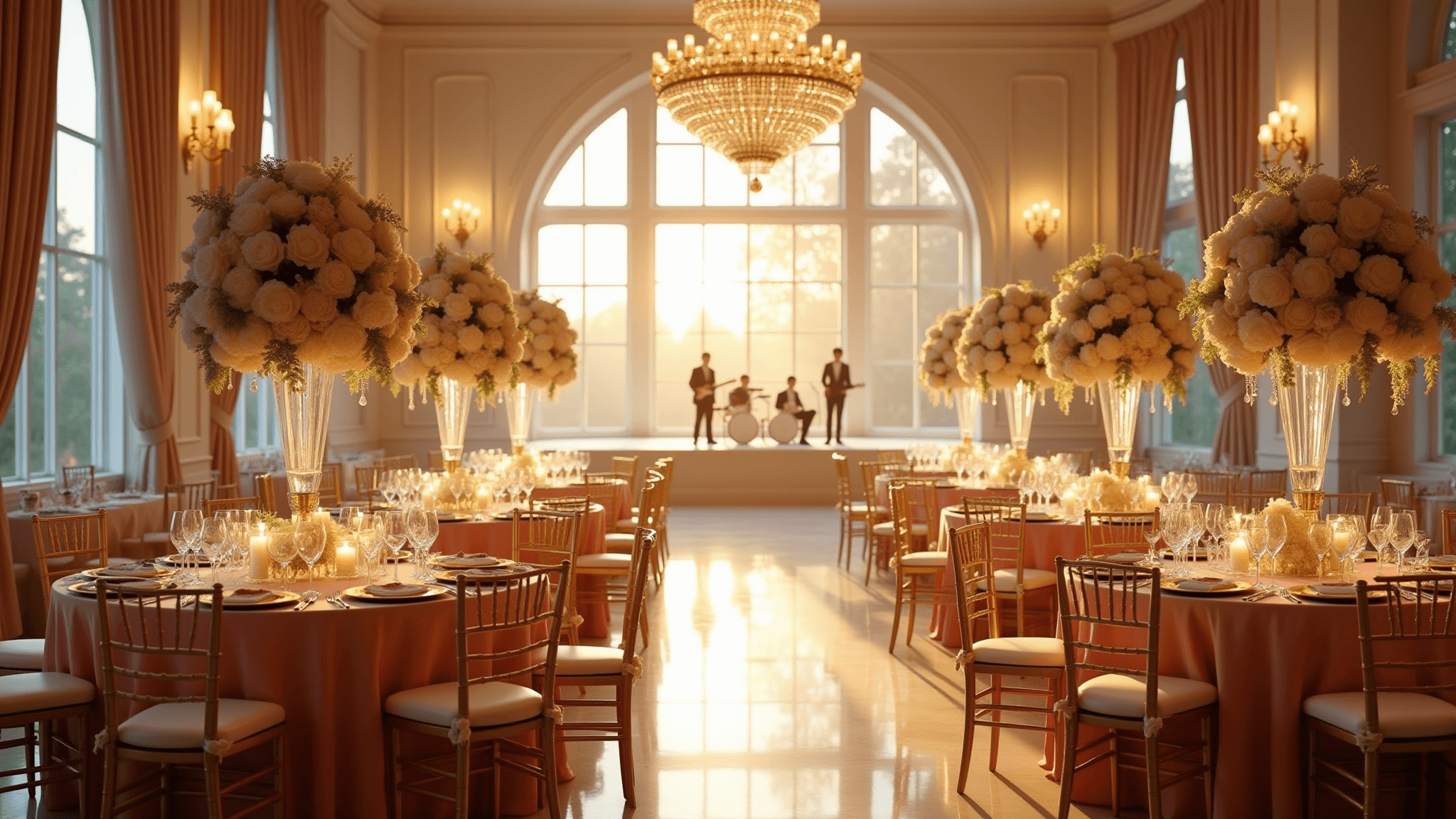 A lavish ballroom wedding reception at golden hour, featuring crystal chandeliers, blush pink silk-draped tables with floral centerpieces, gold Chiavari chairs, and a polished marble dance floor reflecting warm sunset light, all captured in a photorealistic style.