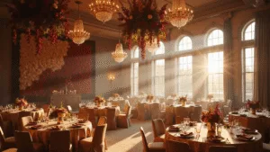 Cinematic wide-angle shot of a luxurious autumn wedding reception in a ballroom, featuring floral installations, round tables with dramatic centerpieces, warm golden light, and elegant table settings.