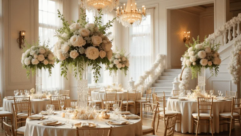A stunning ballroom wedding reception featuring towering white floral centerpieces on elegantly set round tables, illuminated by soft golden hour light through large windows, with crystal chandeliers, cascading greenery, and white marble staircase adorned with floral garlands.
