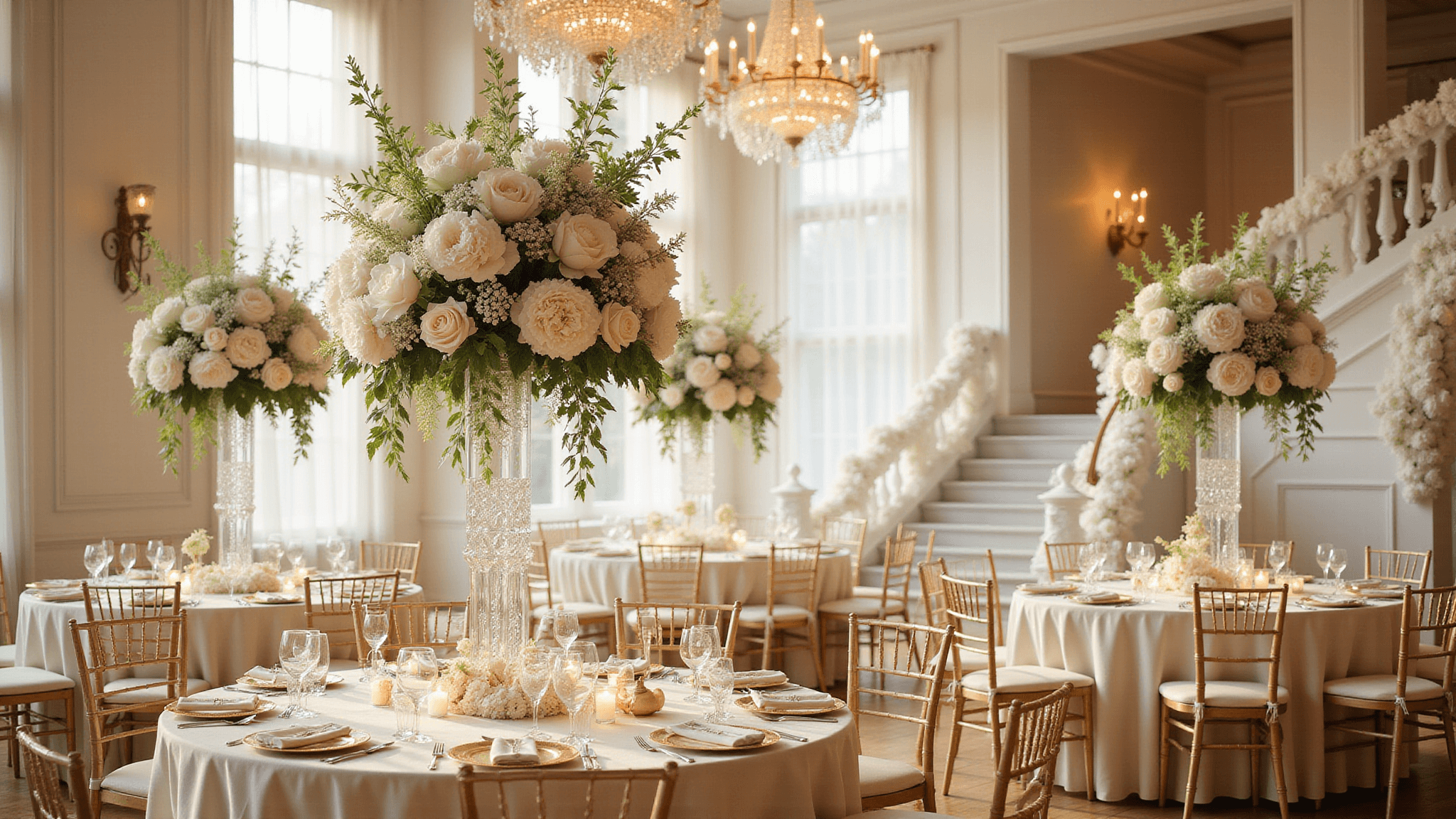 A stunning ballroom wedding reception featuring towering white floral centerpieces on elegantly set round tables, illuminated by soft golden hour light through large windows, with crystal chandeliers, cascading greenery, and white marble staircase adorned with floral garlands.