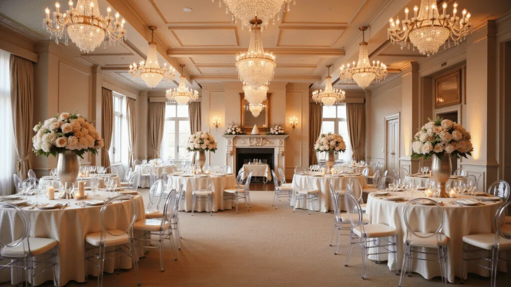 A grand ballroom wedding reception at golden hour, featuring ornate ceilings, crystal chandeliers, elegant round tables with floral centerpieces, ghost chairs, and a statement marble fireplace. Soft natural light enhances the refined atmosphere with champagne-colored drapery and professional lighting, captured in 8K resolution.