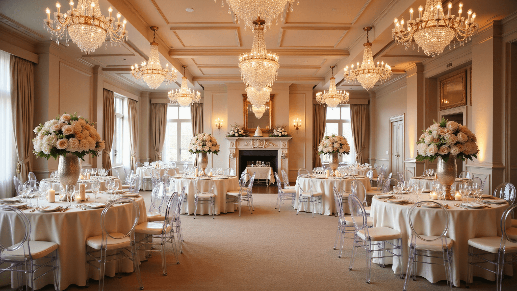 A grand ballroom wedding reception at golden hour, featuring ornate ceilings, crystal chandeliers, elegant round tables with floral centerpieces, ghost chairs, and a statement marble fireplace. Soft natural light enhances the refined atmosphere with champagne-colored drapery and professional lighting, captured in 8K resolution.