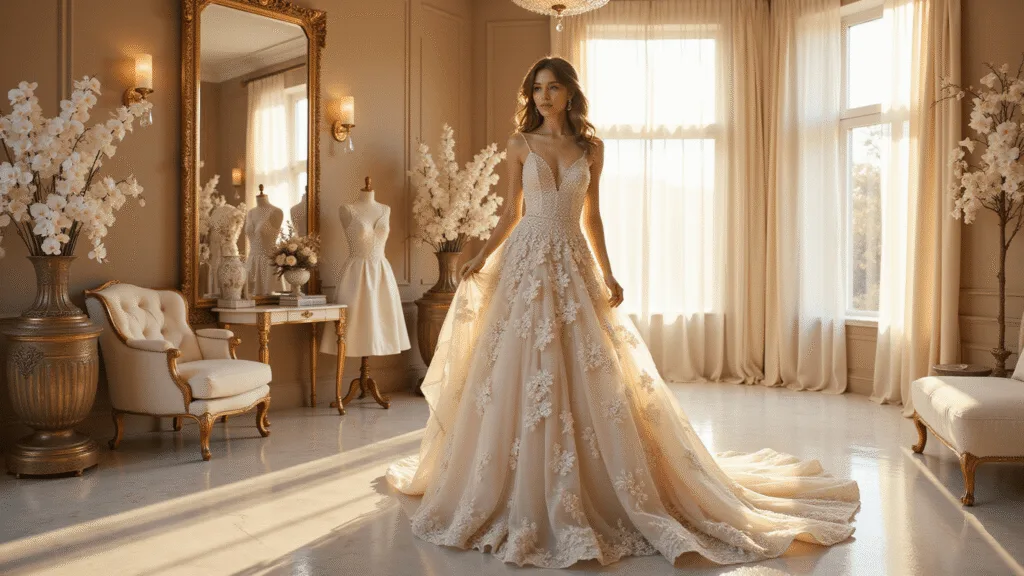Photorealistic bridal boutique interior at golden hour featuring a bride in an ivory and blush floral appliqué gown, surrounded by mirrors, luxurious decor, and soft natural light.