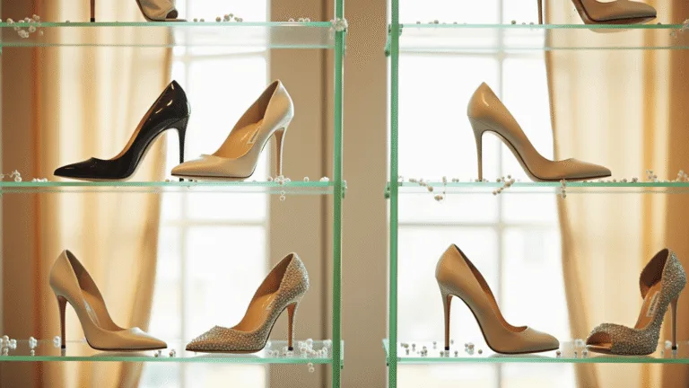 Designer wedding shoes elegantly displayed in a luxury bridal boutique, featuring ivory satin Jimmy Choo pumps and crystal-embellished Badgley Mischka heels, under warm sunlight with pearl and lace accents.