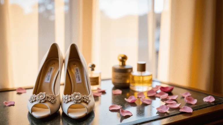 Close-up of elegant ivory Jimmy Choo bridal pumps on a mirrored vanity, surrounded by rose petals and vintage perfume bottles, illuminated by warm golden hour light.