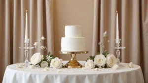 Ultimate Wedding Cake Table Guide: Design, Setup, and Styling Secrets A luxurious wedding cake display featuring a three-tier white cake on a mirrored gold stand, set on a pearl-white silk tablecloth, surrounded by crystal candleholders, fresh white flowers, and gold accents, all against a champagne-colored backdrop.