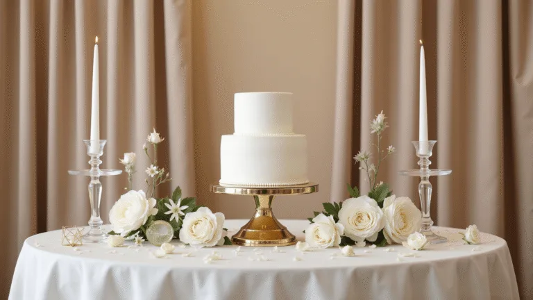 A luxurious wedding cake display featuring a three-tier white cake on a mirrored gold stand, set on a pearl-white silk tablecloth, surrounded by crystal candleholders, fresh white flowers, and gold accents, all against a champagne-colored backdrop.