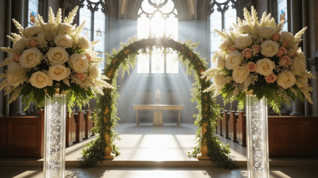 A grand cathedral wedding altar featuring towering crystal pedestals with lush floral arrangements in white and blush, illuminated by ethereal light from stained glass windows, highlighting intricate architectural details and creating a sparkling effect.