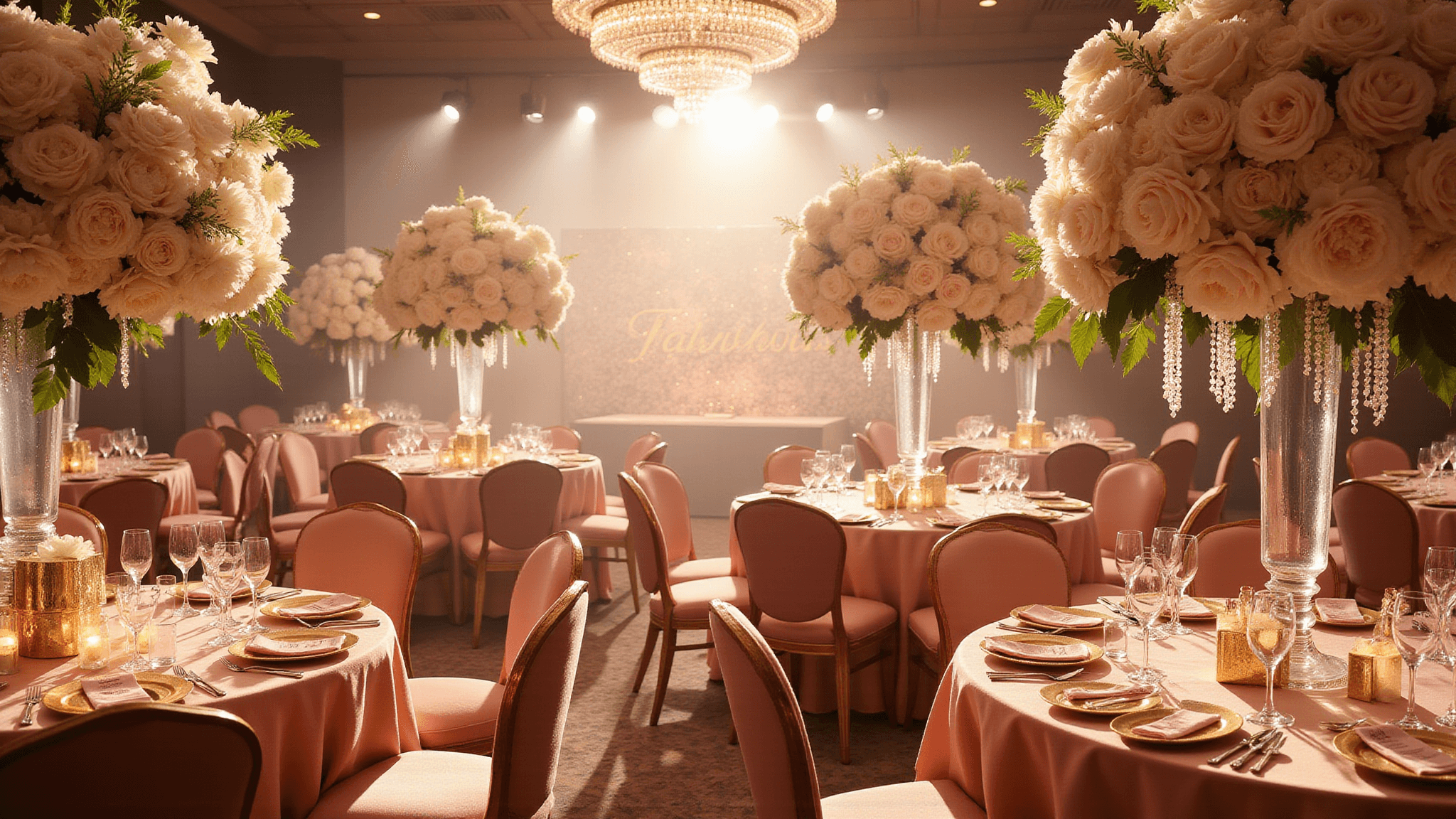 A glamorous ballroom celebration scene featuring blush pink silk-draped tables, illuminated crystal chandeliers, and towering white and pink flower arrangements. A professional makeup station with luxe velvet chairs, a shimmering champagne tower, and ornate place settings enhance the luxurious atmosphere. A flower wall backdrop with "50 & Fabulous" in gold lettering completes the elegant setting, captured in soft focus with warm tones and dreamy highlights.