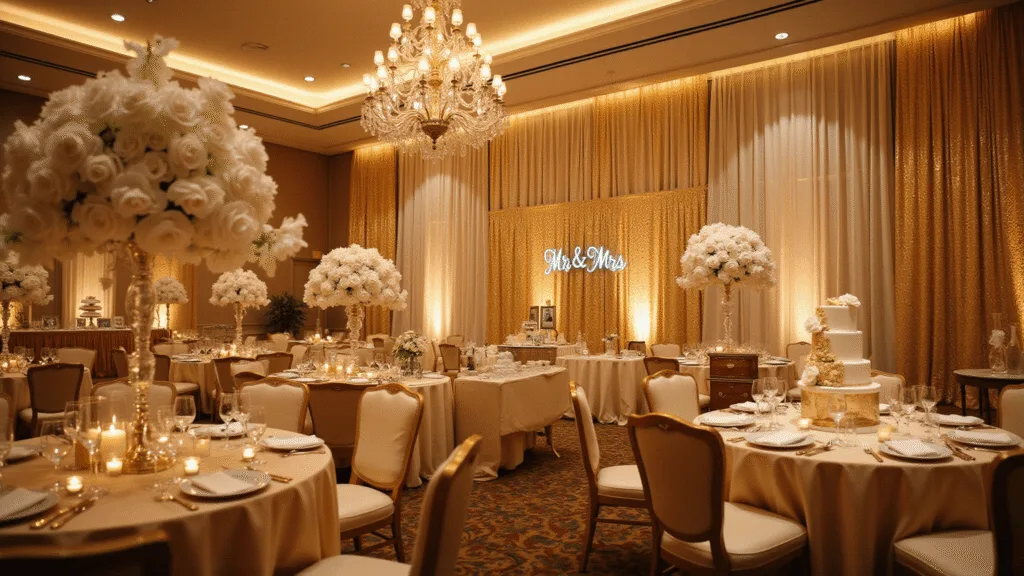 A lavish ballroom set for a 50th wedding anniversary celebration, featuring elegant tables with champagne silk linens, towering floral centerpieces, crystal chandeliers, and a grand entrance with a neon "Mr. & Mrs." sign, all bathed in warm golden light.