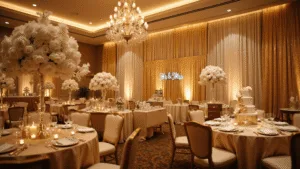 A lavish ballroom set for a 50th wedding anniversary celebration, featuring elegant tables with champagne silk linens, towering floral centerpieces, crystal chandeliers, and a grand entrance with a neon "Mr. & Mrs." sign, all bathed in warm golden light.