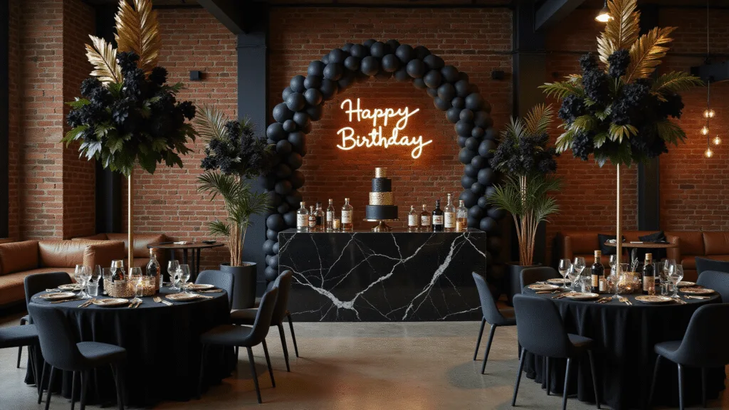 A sophisticated birthday party setup in an upscale industrial loft featuring black and gold decor, including velvet table linens, towering floral centerpieces, a neon "Happy Birthday" sign, and a luxurious three-tiered cake, all illuminated by ambient lighting.