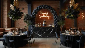 A sophisticated birthday party setup in an upscale industrial loft featuring black and gold decor, including velvet table linens, towering floral centerpieces, a neon "Happy Birthday" sign, and a luxurious three-tiered cake, all illuminated by ambient lighting.