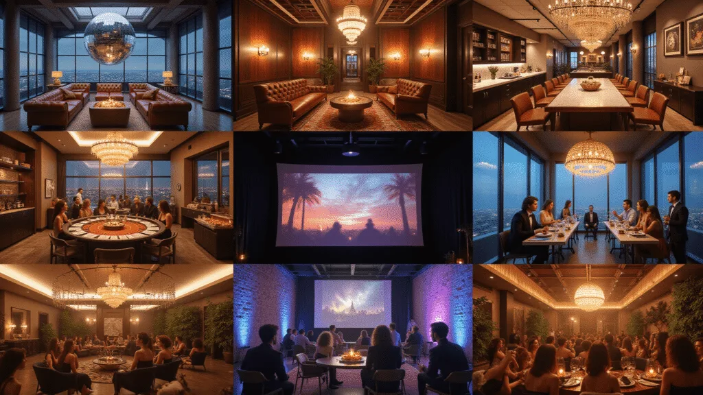 Photorealistic collage of seven luxurious party scenes in a modern grid layout, featuring a glamorous 70s disco warehouse and upscale settings including a penthouse game night, cooking school, casino ballroom, rooftop wine tasting, enchanted garden movie screening, and modern art studio, all highlighting elegant guests and rich, atmospheric lighting.