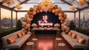 A luxurious rooftop terrace decorated for an elegant 18th birthday party, featuring a gold and white balloon arch, crystal chandeliers, a mirrored table setup with gold-rimmed glassware and white roses, a glowing "18 & Fabulous" neon sign, plush cream velvet lounge furniture, and dessert displays on lucite pedestals, all set against a backdrop of soft bokeh city lights.