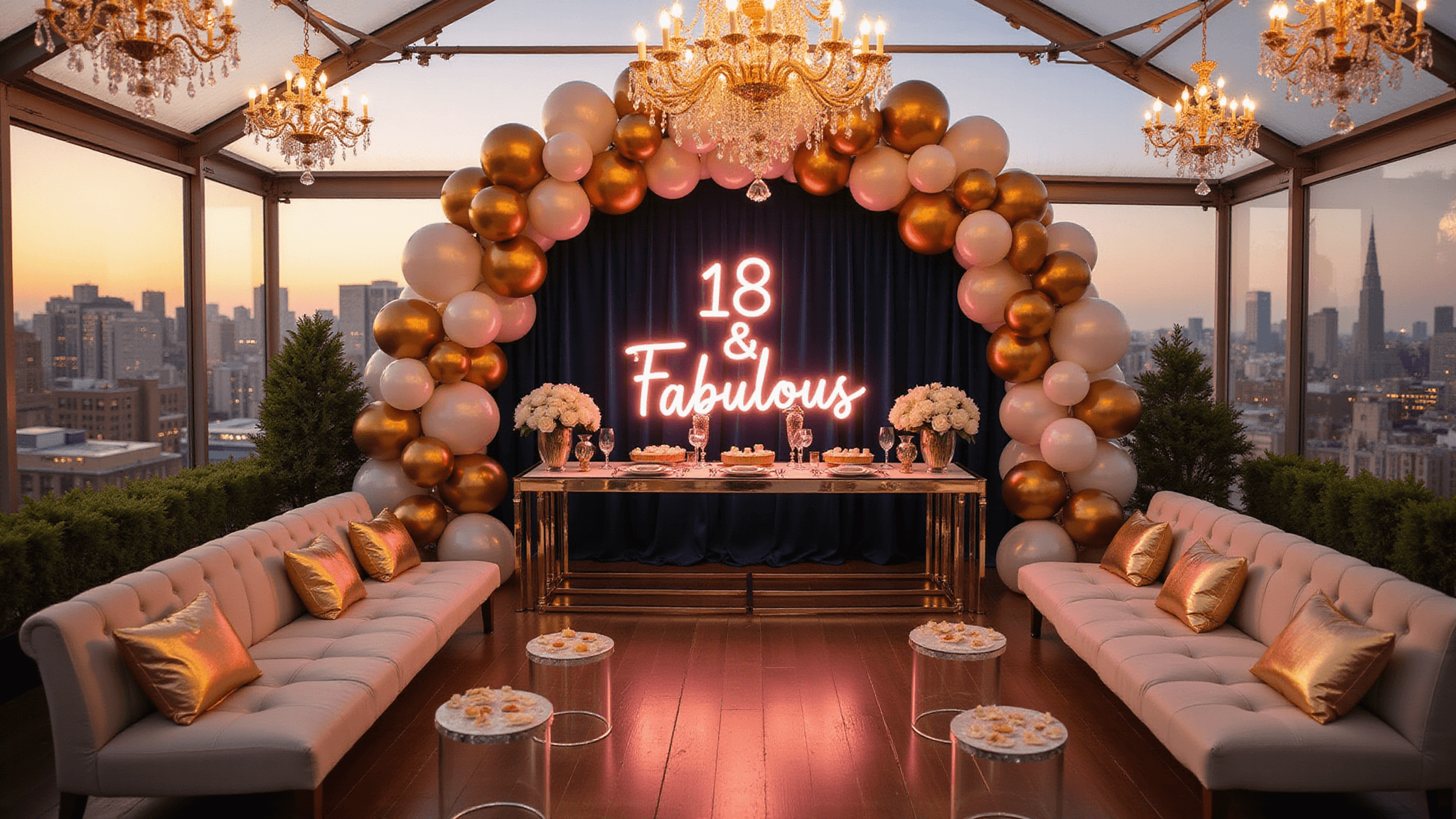 A luxurious rooftop terrace decorated for an elegant 18th birthday party, featuring a gold and white balloon arch, crystal chandeliers, a mirrored table setup with gold-rimmed glassware and white roses, a glowing "18 & Fabulous" neon sign, plush cream velvet lounge furniture, and dessert displays on lucite pedestals, all set against a backdrop of soft bokeh city lights.