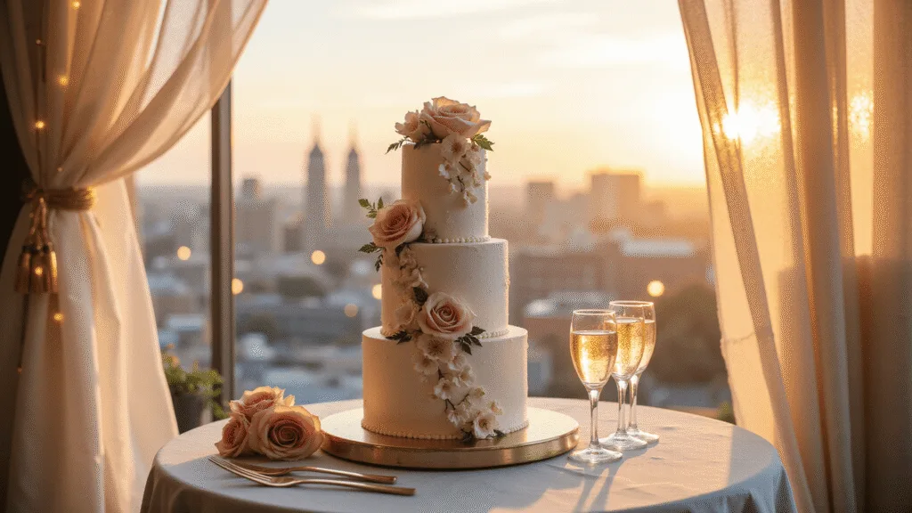 A luxurious 3-tier white buttercream anniversary cake adorned with blush and ivory sugar flowers on a marble table, set against a golden hour rooftop backdrop with vintage champagne coupes, gold cutlery, and soft pink roses, framed by sheer ivory drapery and warm string lights, captured in soft natural light.