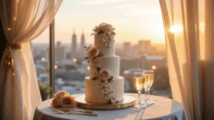 A luxurious 3-tier white buttercream anniversary cake adorned with blush and ivory sugar flowers on a marble table, set against a golden hour rooftop backdrop with vintage champagne coupes, gold cutlery, and soft pink roses, framed by sheer ivory drapery and warm string lights, captured in soft natural light.