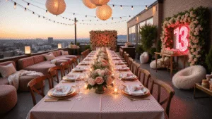 A luxurious rooftop garden party for a 13th birthday, featuring a long farmhouse table with blush pink linens, gold-rimmed tableware, and floral centerpieces, surrounded by intimate lounge areas and adorned with a neon pink "13" sign, illuminated by edison bulbs and paper lanterns against a sunset cityscape.