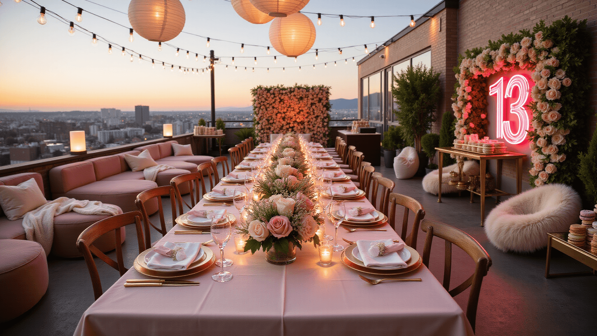 A luxurious rooftop garden party for a 13th birthday, featuring a long farmhouse table with blush pink linens, gold-rimmed tableware, and floral centerpieces, surrounded by intimate lounge areas and adorned with a neon pink "13" sign, illuminated by edison bulbs and paper lanterns against a sunset cityscape.