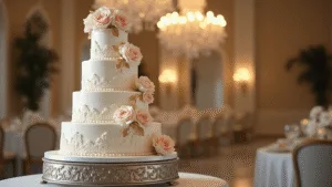 A luxurious 5-tier wedding cake adorned with blush sugar flowers and gold accents, displayed on a silver stand against a softly blurred upscale venue backdrop.