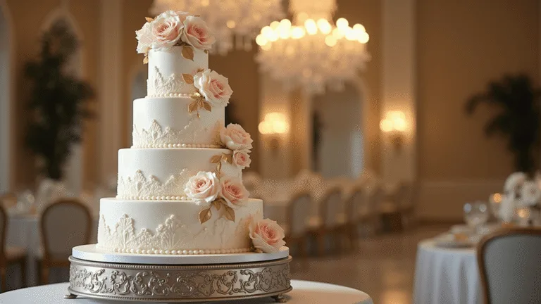 A luxurious 5-tier wedding cake adorned with blush sugar flowers and gold accents, displayed on a silver stand against a softly blurred upscale venue backdrop.