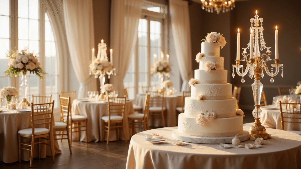 Breathtaking seven-tier white wedding cake on a marble-topped dessert cart, surrounded by elegantly set tables with champagne silk linens, crystal candelabras, and floral centerpieces in a grand ballroom during golden hour.