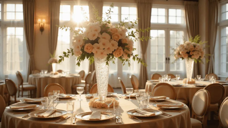 Elegant ballroom wedding reception at golden hour, featuring a detailed floral centerpiece of white phalaenopsis orchids and blush garden roses in crystal vases, surrounded by round tables with champagne silk linens and warm ambient lighting, framed by sheer ivory drapery and floor-to-ceiling windows.