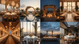 The Ultimate Guide to Wedding & Celebration Planning: From Vision to Reality A breathtaking series of seven luxurious wedding event spaces, featuring a grand ballroom with golden hour light, a romantic garden ceremony with an ethereal floral arch, a modern rooftop lounge with city views, a rustic barn interior adorned with fairy lights, a whimsical loft celebration, a moody modern dining setup, and a beachfront sunset gathering, all showcasing rich textures and a cohesive color palette.
