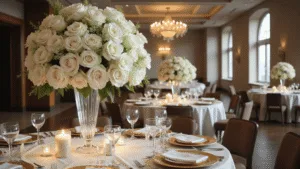 A luxurious wedding centerpiece featuring tall white roses, hydrangeas, and calla lilies in a crystal vase, set on an ivory silk table with gold-rimmed plates and crystal glassware, illuminated by soft natural light in an elegant ballroom.