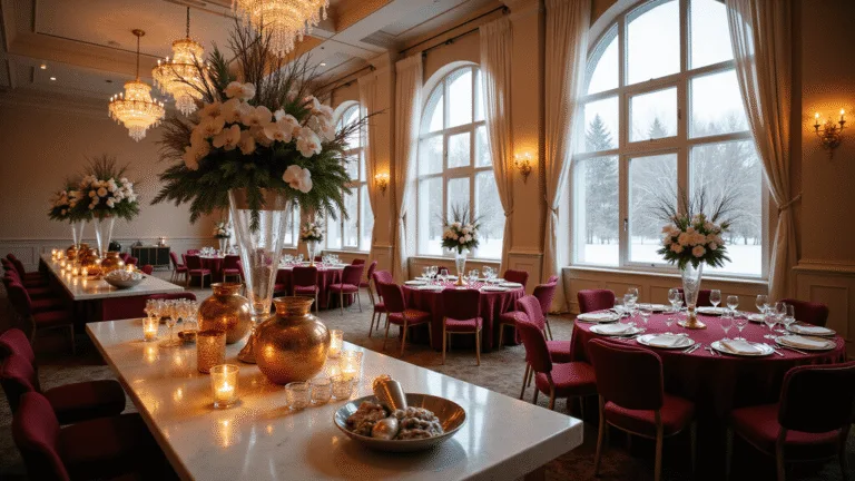 Hyperrealistic wide-angle view of a luxurious winter wedding ballroom with snow outside, featuring ornate chandeliers, burgundy tables, elegant floral centerpieces, and a white marble hot chocolate station, all bathed in warm golden light.