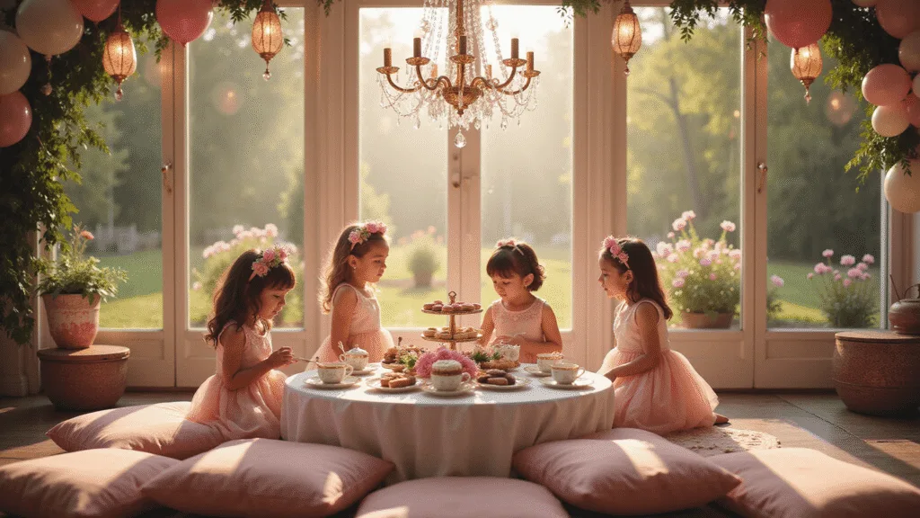 Photorealistic image of a whimsical garden tea party for a three-year-old's birthday, featuring a beautifully decorated table with miniature tea sets, pastel macarons, and floral decor, surrounded by girls in tulle dresses and a magical ambiance of fairy lights and a balloon arch.