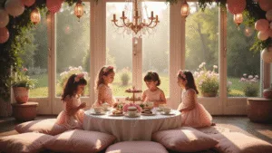Photorealistic image of a whimsical garden tea party for a three-year-old's birthday, featuring a beautifully decorated table with miniature tea sets, pastel macarons, and floral decor, surrounded by girls in tulle dresses and a magical ambiance of fairy lights and a balloon arch.
