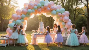 A whimsical backyard birthday party setup at golden hour, featuring a grand pastel balloon arch and themed zones including a unicorn dessert table, a baking station, and a cosmic corner. Young girls in tulle dresses enjoying activities among beautifully styled treats and decorations.