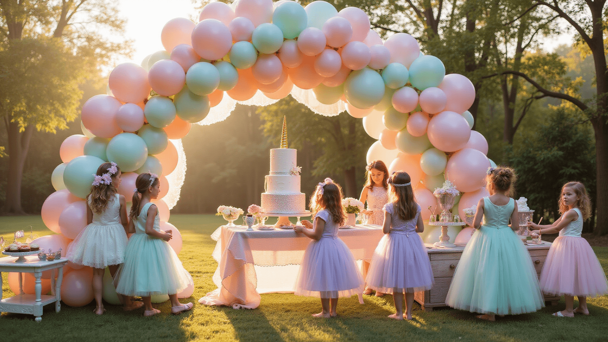 A whimsical backyard birthday party setup at golden hour, featuring a grand pastel balloon arch and themed zones including a unicorn dessert table, a baking station, and a cosmic corner. Young girls in tulle dresses enjoying activities among beautifully styled treats and decorations.
