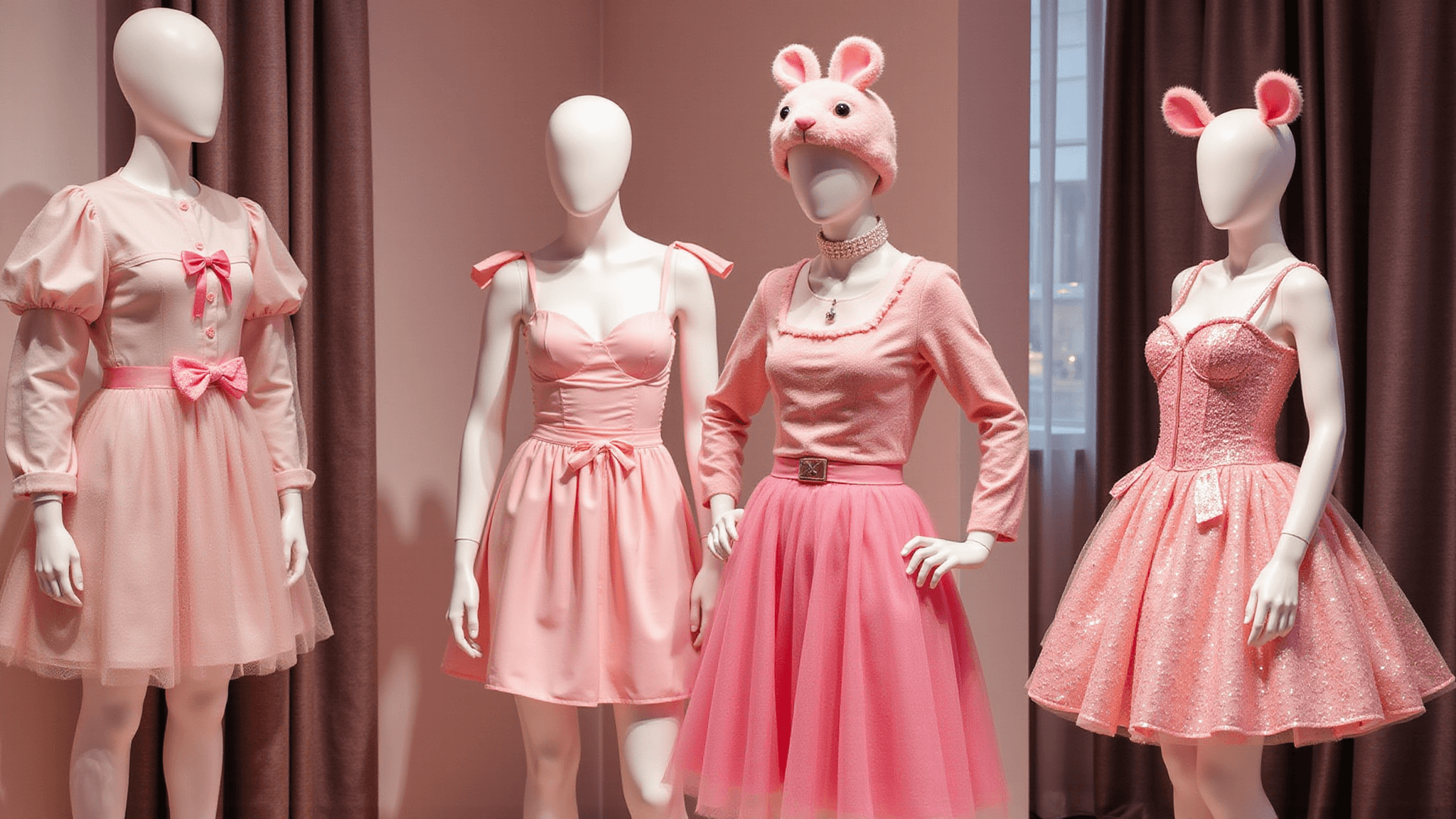 A boutique display featuring mannequins dressed in iconic Halloween costumes inspired by "Mean Girls", including a pink bunny, a cat, and a mouse, with soft pink lighting and a luxe interior illuminated by neon glow.
