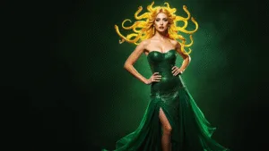 A mesmerizing Halloween costume depicting Medusa as a Greek goddess, featuring golden snake hair and glowing scales, adorned in a flowing emerald dress against a dramatic dark background.