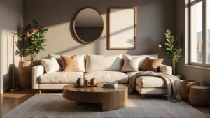 A cozy modern living room bathed in golden hour light, featuring a cream bouclé sofa with textured pillows, a wooden coffee table with decorative items, oversized mirrors, layered warm lighting, and a variety of plants, all capturing a warm and inviting atmosphere with rich textures.