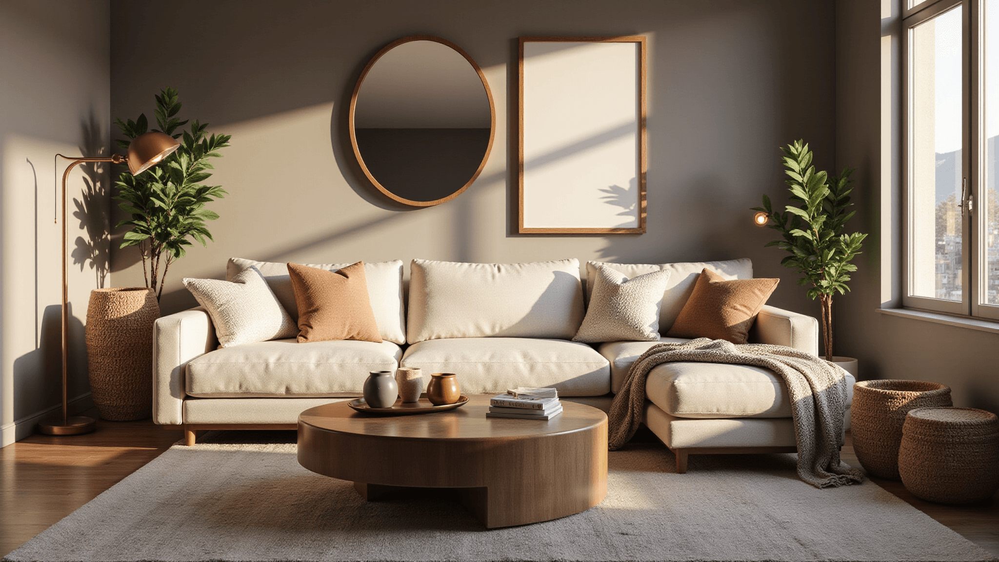 A cozy modern living room bathed in golden hour light, featuring a cream bouclé sofa with textured pillows, a wooden coffee table with decorative items, oversized mirrors, layered warm lighting, and a variety of plants, all capturing a warm and inviting atmosphere with rich textures.