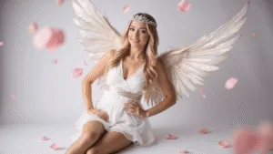10 Adorable Cupid Halloween Costume Ideas That'll Make Hearts Flutter Ethereal fashion portrait of a modern Cupid in a white mini dress with rose gold accents and large feathered wings, featuring a crystal crown, set against a minimalist background with floating rose petals and dreamy bokeh lighting.