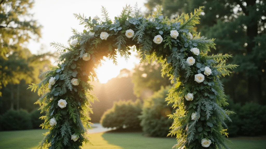 A luxurious garden wedding arch adorned with cascading greenery and white roses, photographed during golden hour, featuring soft warm lighting, lush textures, and a dreamy bokeh background.