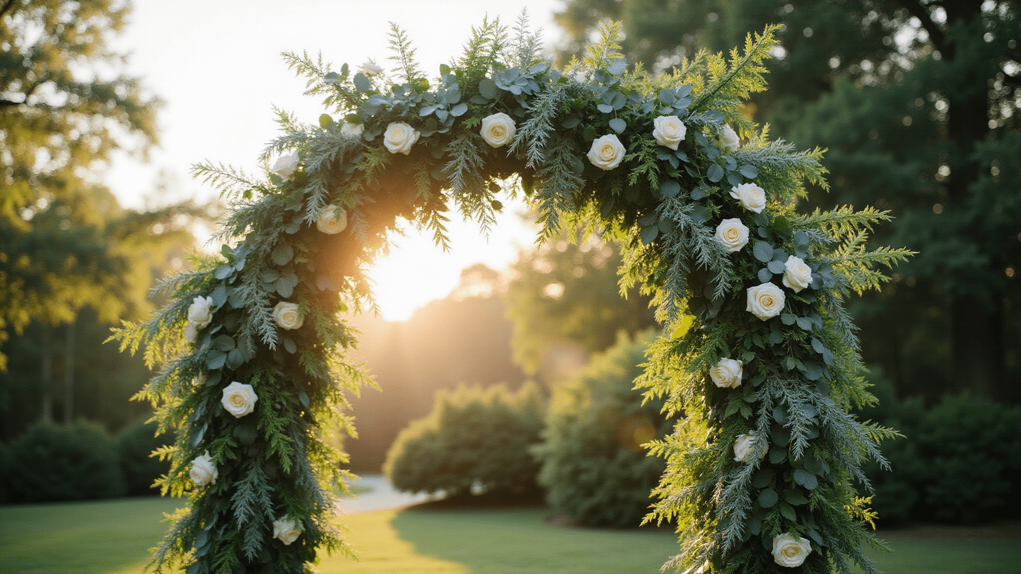 A luxurious garden wedding arch adorned with cascading greenery and white roses, photographed during golden hour, featuring soft warm lighting, lush textures, and a dreamy bokeh background.