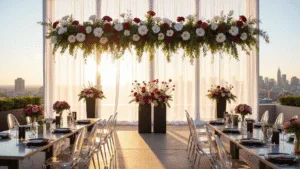 Cinematic photograph of a minimalist rooftop wedding setup at golden hour, featuring a 20-foot suspended floral installation, acrylic tables, ghost chairs, and a city skyline backdrop, enhanced by soft lighting, elegant table settings, and ambient fairy lights.