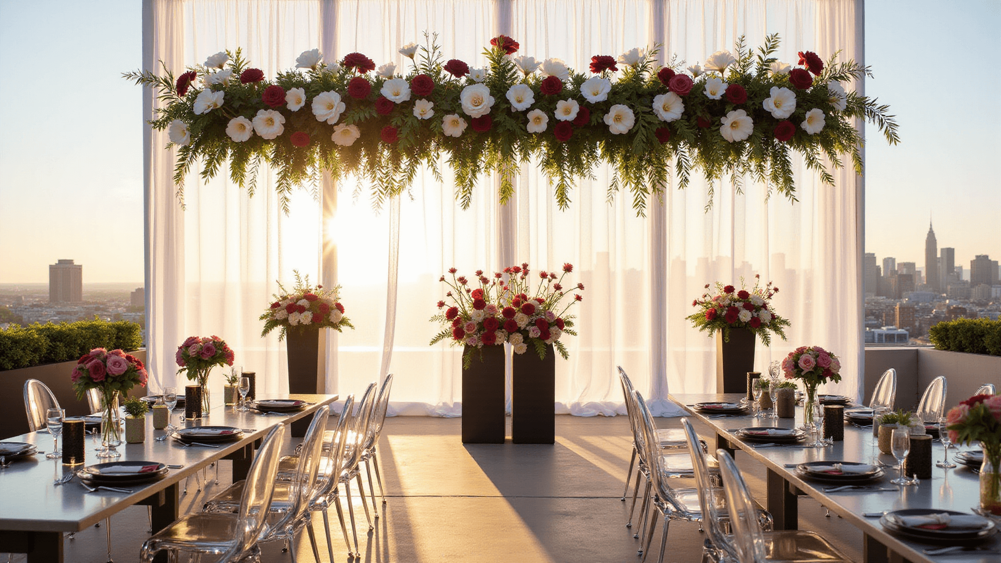 Cinematic photograph of a minimalist rooftop wedding setup at golden hour, featuring a 20-foot suspended floral installation, acrylic tables, ghost chairs, and a city skyline backdrop, enhanced by soft lighting, elegant table settings, and ambient fairy lights.