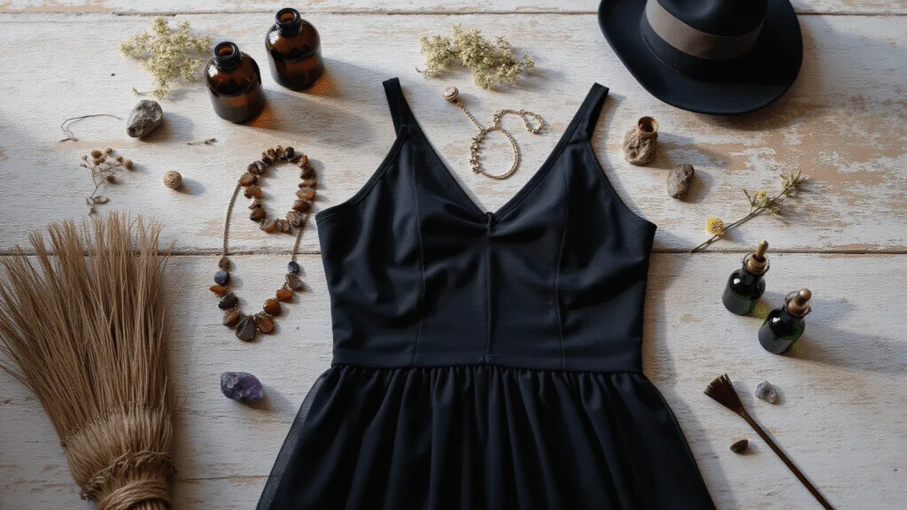 Flatlay of a modern witch costume on distressed wood, featuring a black tulle dress, crystal jewelry, vintage potion bottles, a broomstick, dried flowers, and crystals, illuminated by soft morning light.