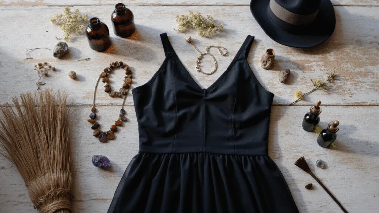Flatlay of a modern witch costume on distressed wood, featuring a black tulle dress, crystal jewelry, vintage potion bottles, a broomstick, dried flowers, and crystals, illuminated by soft morning light.