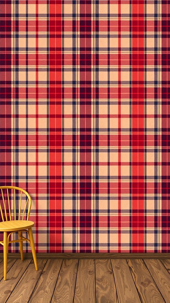 Modern plaid wallpaper in red, beige, and navy with a wooden chair in front.