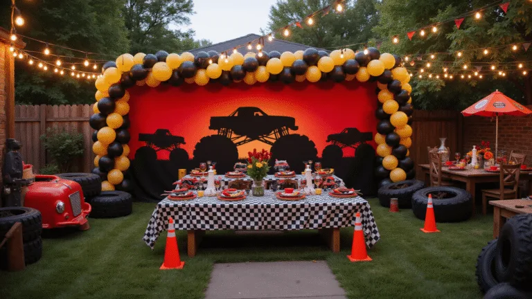 A vibrant Monster Truck birthday party setup in a backyard during golden hour, featuring oversized truck silhouettes, checkered picnic table settings, inflatable tires, and colorful decorations with warm lighting.